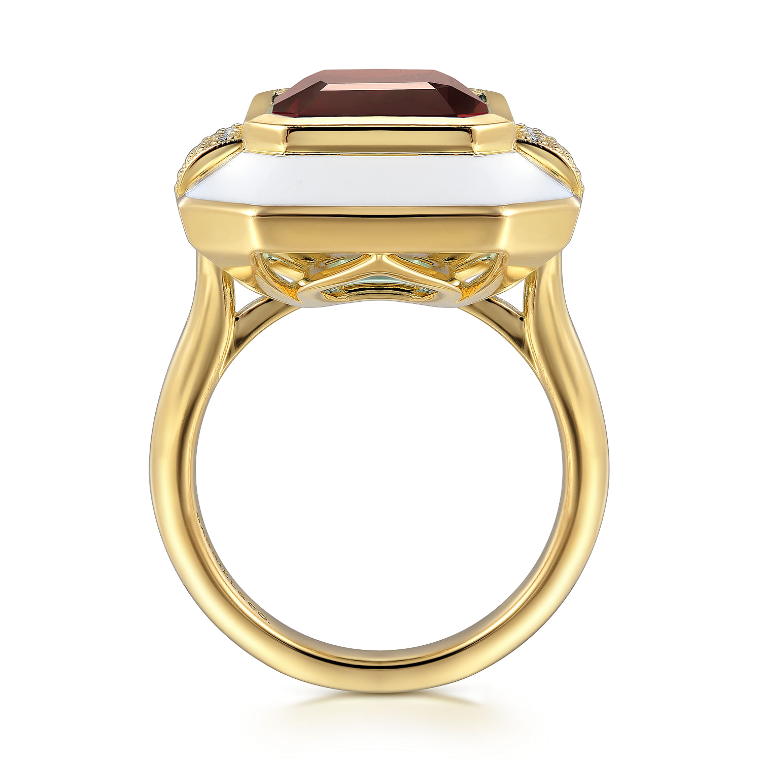 14K Yellow Gold Diamond and Emerald Cut Garnet Fashion Ring with White Enamel