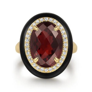 Enamel - 14K Yellow Gold Diamond and Garnet Cocktail Ring with Black Enamel