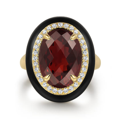 Enamel - 14K Yellow Gold Diamond and Garnet Cocktail Ring with Black Enamel