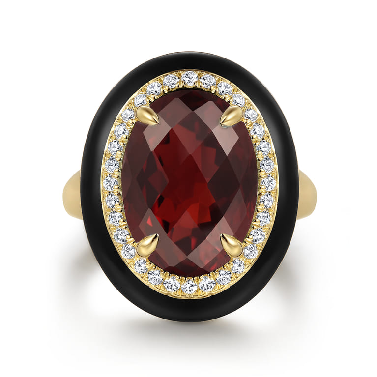 Enamel - 14K Yellow Gold Diamond and Garnet Cocktail Ring with Black Enamel - 0.24 ct - Shot 1