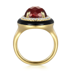 Enamel - 14K Yellow Gold Diamond and Garnet Cocktail Ring with Black Enamel