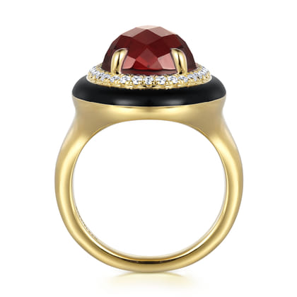 Enamel - 14K Yellow Gold Diamond and Garnet Cocktail Ring with Black Enamel