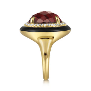 Enamel - 14K Yellow Gold Diamond and Garnet Cocktail Ring with Black Enamel