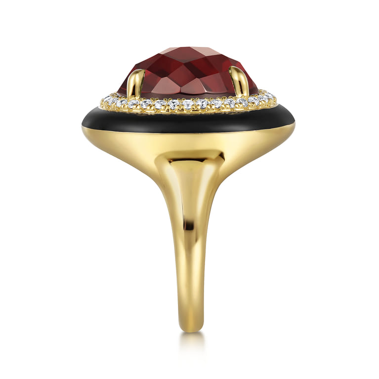 Enamel - 14K Yellow Gold Diamond and Garnet Cocktail Ring with Black Enamel - 0.24 ct - Shot 4