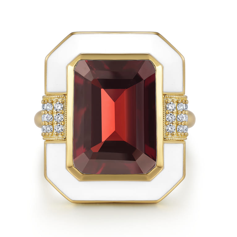 Enamel - 14K Yellow Gold Diamond and Garnet Cocktail Ring with White Enamel - 0.14 ct - Shot 1