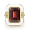 Enamel - 14K Yellow Gold Diamond and Garnet Cocktail Ring with White Enamel - 0.14 ct