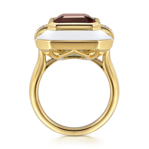 Enamel - 14K Yellow Gold Diamond and Garnet Cocktail Ring with White Enamel