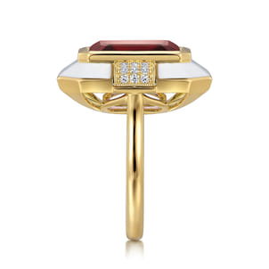 Enamel - 14K Yellow Gold Diamond and Garnet Cocktail Ring with White Enamel