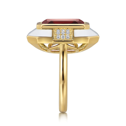 Enamel - 14K Yellow Gold Diamond and Garnet Cocktail Ring with White Enamel