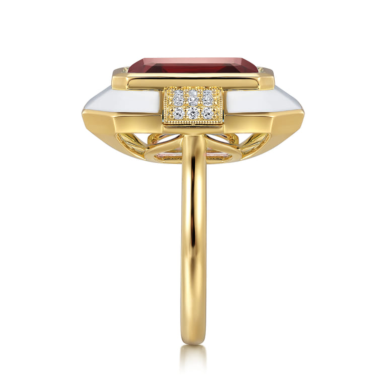 Enamel - 14K Yellow Gold Diamond and Garnet Cocktail Ring with White Enamel - 0.14 ct - Shot 4