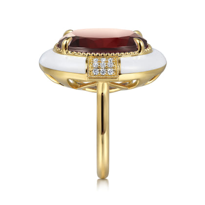 Enamel - 14K Yellow Gold Diamond and Garnet Cocktail Ring with White Enamel