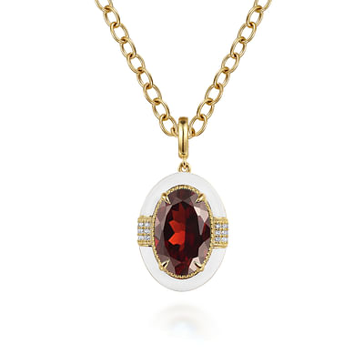 Enamel - 14K Yellow Gold Diamond and Garnet Emerald Cut Y-Layer Necklace With Flower Pattern J-Back and White Enamel