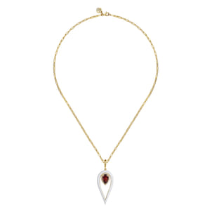 Enamel - 14K Yellow Gold Diamond and Garnet Long Pear Shape Drop Necklace With White Enamel