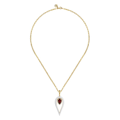 Enamel - 14K Yellow Gold Diamond and Garnet Long Pear Shape Drop Necklace With White Enamel