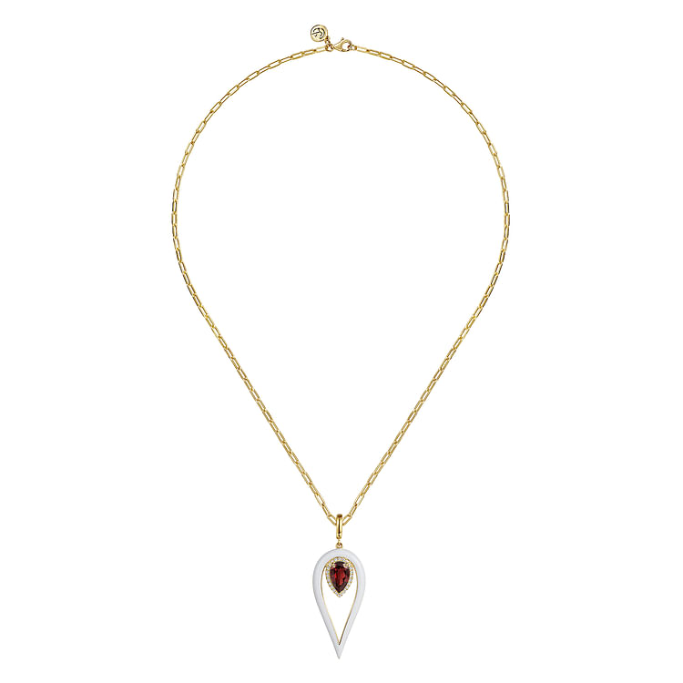 Enamel - 14K Yellow Gold Diamond and Garnet Long Pear Shape Drop Necklace With White Enamel