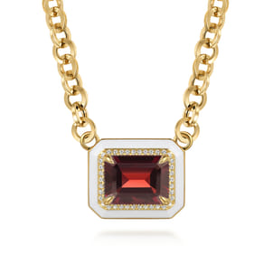 Enamel - 14K Yellow Gold Diamond and Garnet Necklace With Flower Pattern J-Back and White Enamel