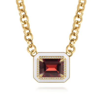 Enamel - 14K Yellow Gold Diamond and Garnet Necklace With Flower Pattern J-Back and White Enamel