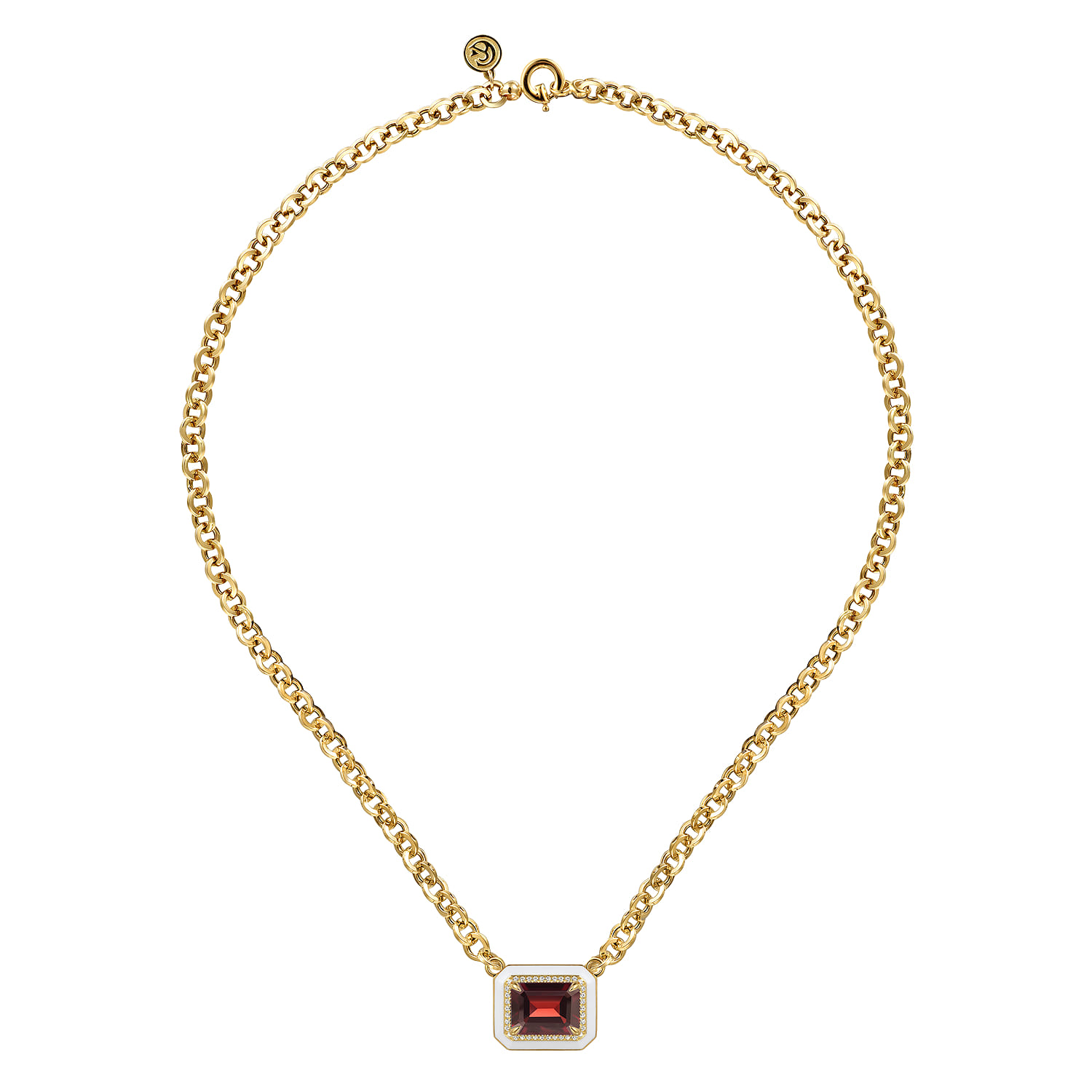 Enamel - 14K Yellow Gold Diamond and Garnet Necklace With Flower Pattern J-Back and White Enamel