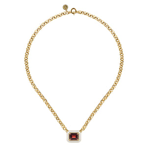 Enamel - 14K Yellow Gold Diamond and Garnet Necklace With Flower Pattern J-Back and White Enamel