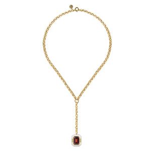 Enamel - 14K Yellow Gold Diamond and Garnet Y-Layer Necklace With Flower Pattern J-Back and White Enamel