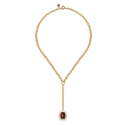 Enamel - 14K Yellow Gold Diamond and Garnet Y-Layer Necklace With Flower Pattern J-Back and White Enamel
