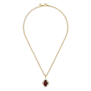 Enamel - 14K Yellow Gold Diamond and Garnet Y-Layer Necklace With Flower Pattern J-Back and White Enamel