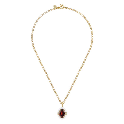 Enamel - 14K Yellow Gold Diamond and Garnet Y-Layer Necklace With Flower Pattern J-Back and White Enamel