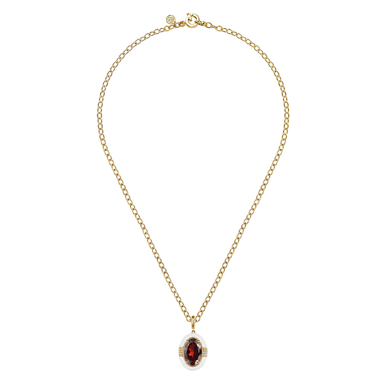 Enamel - 14K Yellow Gold Diamond and Garnet Y-Layer Necklace With Flower Pattern J-Back and White Enamel