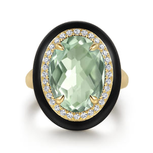 Enamel - 14K Yellow Gold Diamond and Green Amethyst Cocktail Ring with Black Enamel