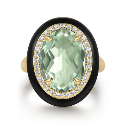 Enamel - 14K Yellow Gold Diamond and Green Amethyst Cocktail Ring with Black Enamel
