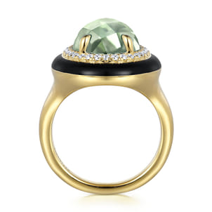 Enamel - 14K Yellow Gold Diamond and Green Amethyst Cocktail Ring with Black Enamel