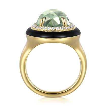 Enamel - 14K Yellow Gold Diamond and Green Amethyst Cocktail Ring with Black Enamel