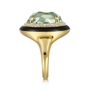 Enamel - 14K Yellow Gold Diamond and Green Amethyst Cocktail Ring with Black Enamel