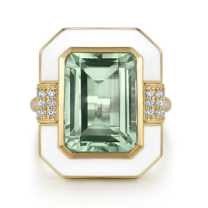 Enamel - 14K Yellow Gold Diamond and Green Amethyst Cocktail Ring with White Enamel