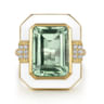 Enamel - 14K Yellow Gold Diamond and Green Amethyst Cocktail Ring with White Enamel - 0.14 ct