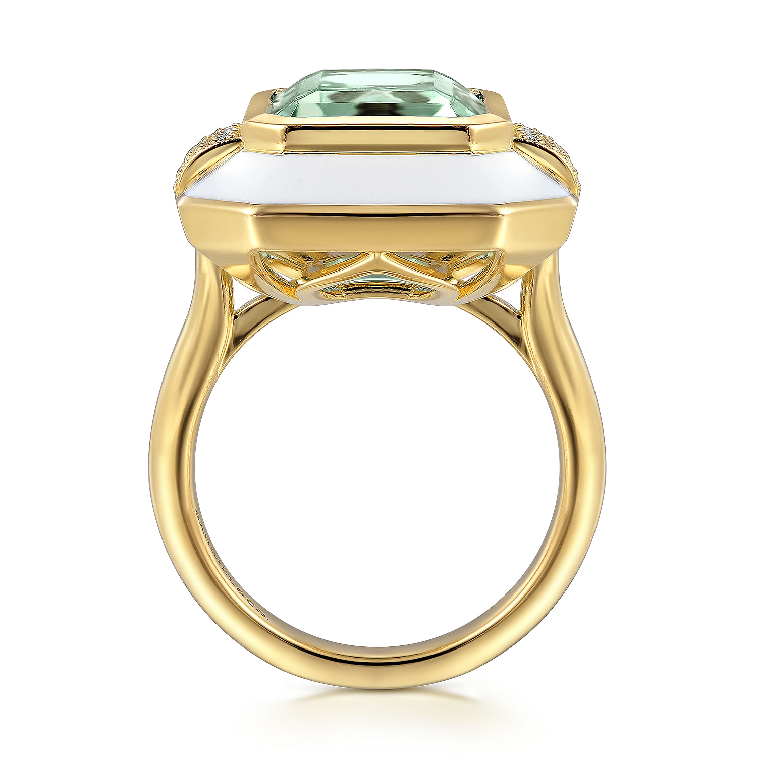 Enamel - 14K Yellow Gold Diamond and Green Amethyst Cocktail Ring with White Enamel - 0.14 ct - Shot 2