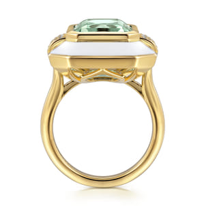 Enamel - 14K Yellow Gold Diamond and Green Amethyst Cocktail Ring with White Enamel