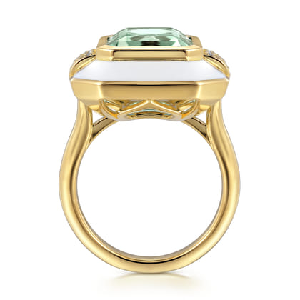 Enamel - 14K Yellow Gold Diamond and Green Amethyst Cocktail Ring with White Enamel