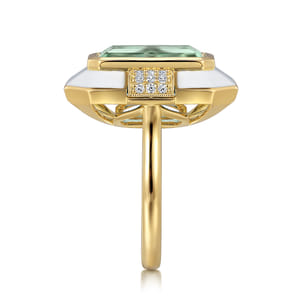 Enamel - 14K Yellow Gold Diamond and Green Amethyst Cocktail Ring with White Enamel