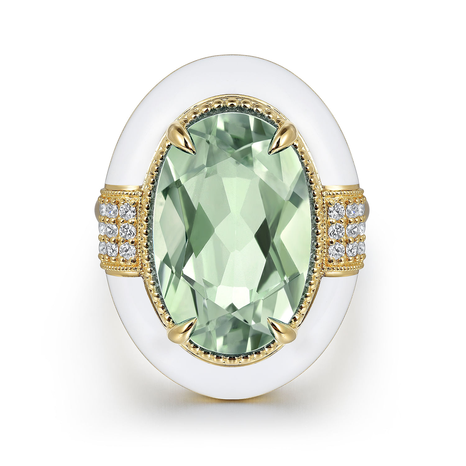 Enamel - 14K Yellow Gold Diamond and Green Amethyst Cocktail Ring with White Enamel
