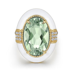 Enamel - 14K Yellow Gold Diamond and Green Amethyst Cocktail Ring with White Enamel