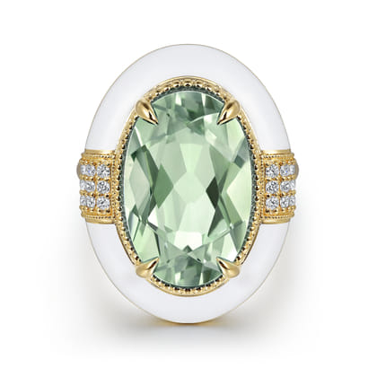 Enamel - 14K Yellow Gold Diamond and Green Amethyst Cocktail Ring with White Enamel