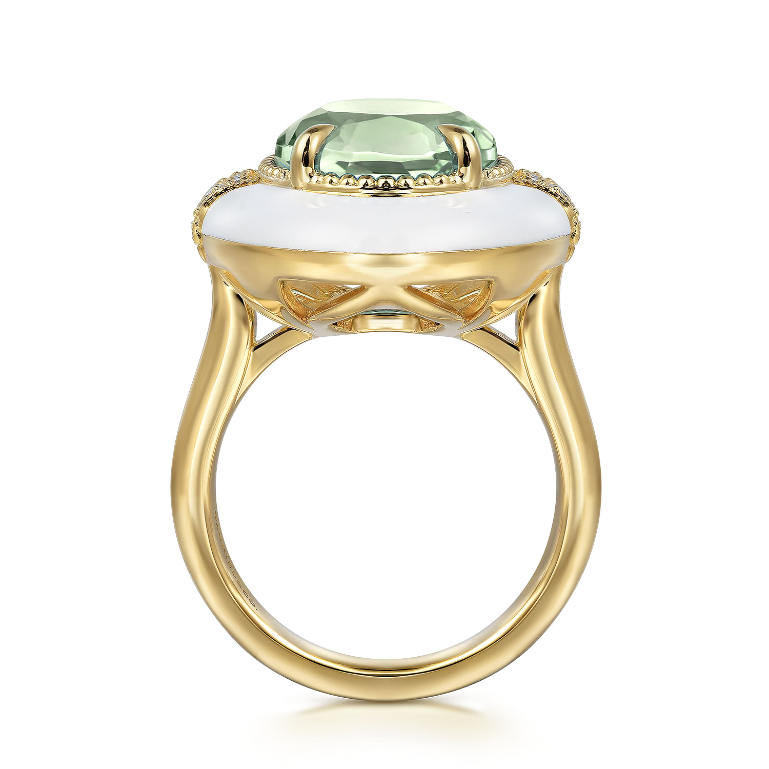 Enamel - 14K Yellow Gold Diamond and Green Amethyst Cocktail Ring with White Enamel