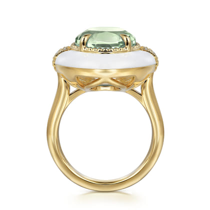 Enamel - 14K Yellow Gold Diamond and Green Amethyst Cocktail Ring with White Enamel