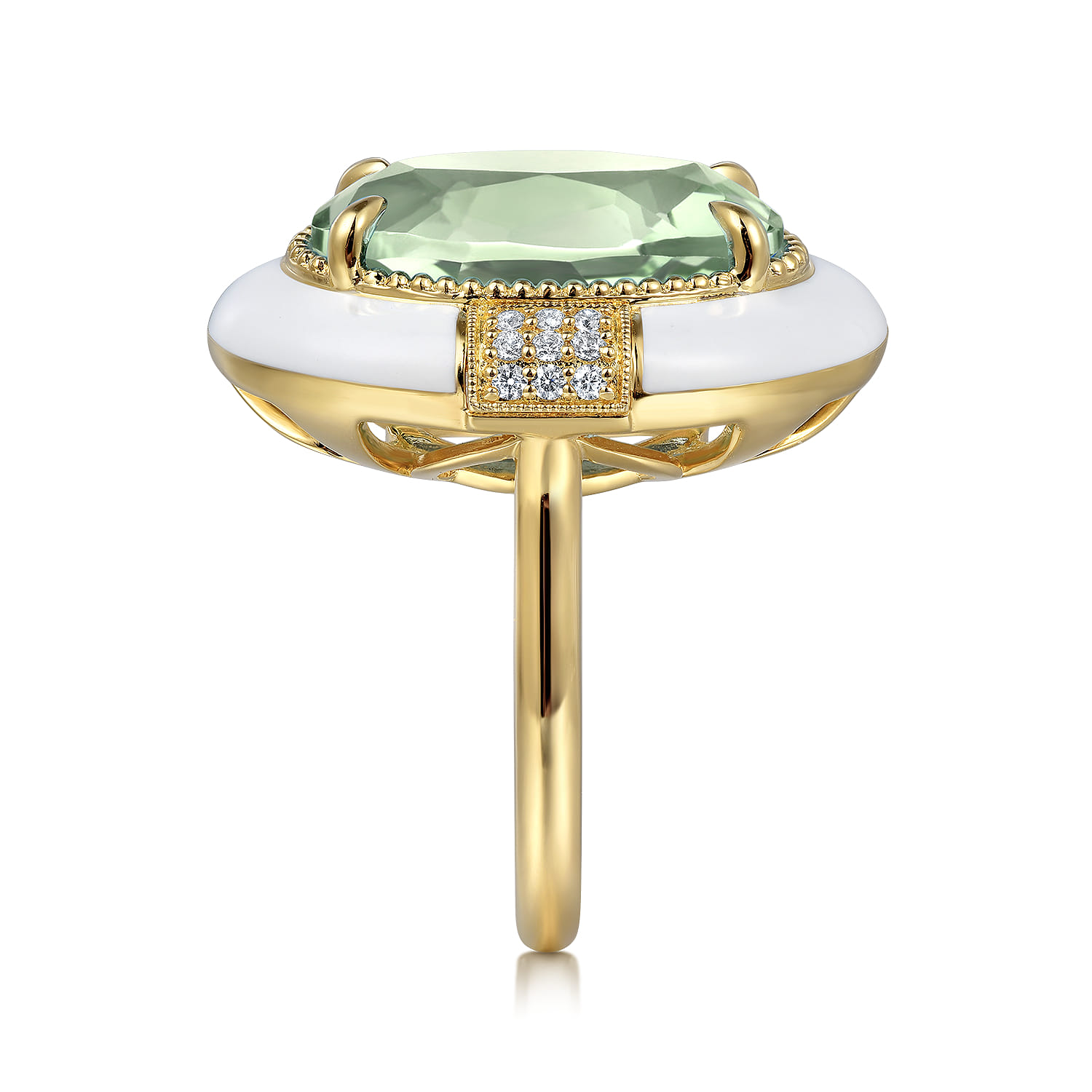 Enamel - 14K Yellow Gold Diamond and Green Amethyst Cocktail Ring with White Enamel