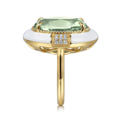 Enamel - 14K Yellow Gold Diamond and Green Amethyst Cocktail Ring with White Enamel