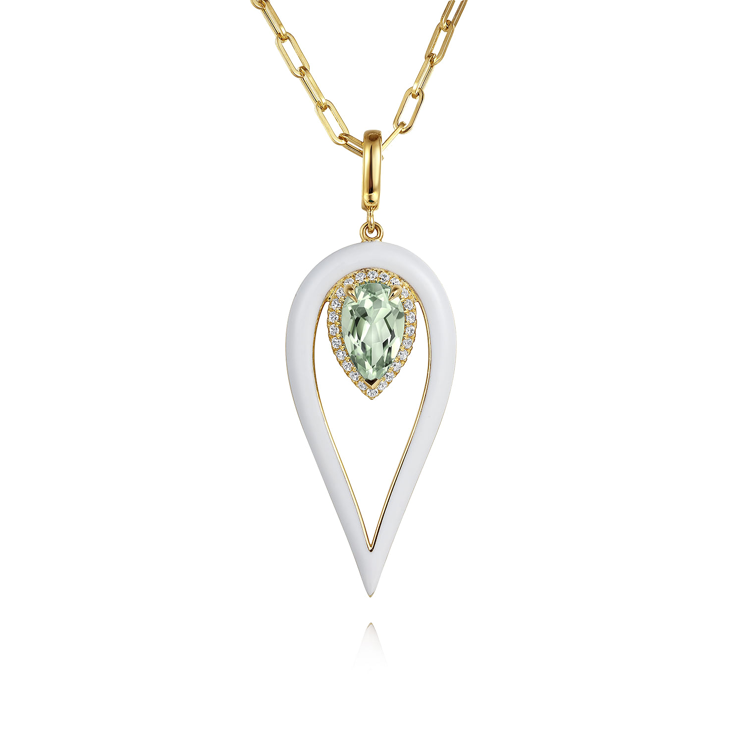 Enamel - 14K Yellow Gold Diamond and Green Amethyst Long Pear Shape Drop Necklace With White Enamel