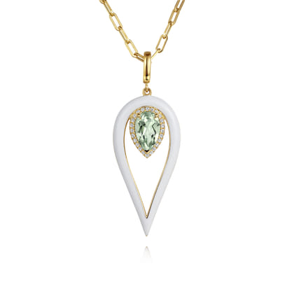 Enamel - 14K Yellow Gold Diamond and Green Amethyst Long Pear Shape Drop Necklace With White Enamel