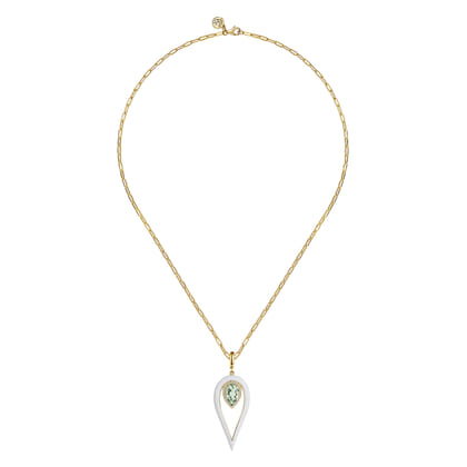 Enamel - 14K Yellow Gold Diamond and Green Amethyst Long Pear Shape Drop Necklace With White Enamel