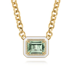 Enamel - 14K Yellow Gold Diamond and Green Amethyst Necklace With Flower Pattern J-Back and White Enamel